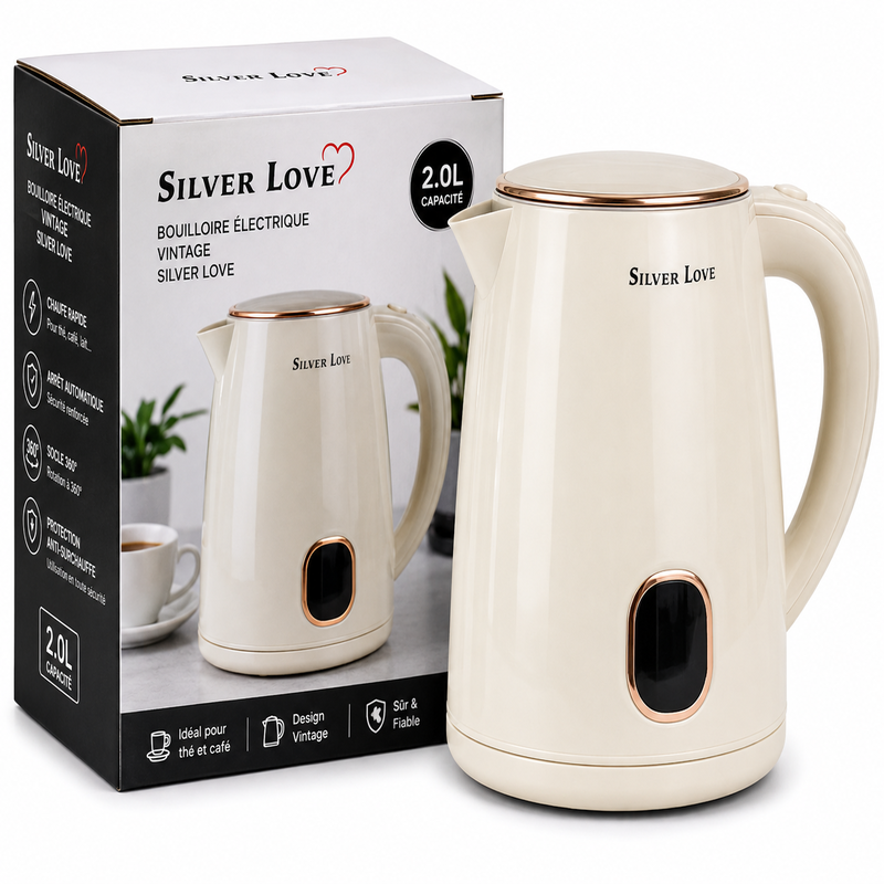 Bouilloire électrique de couleur beige crème de la marque Silver Love, avec des finitions dorées et un grand affichage noir ovale en façade.