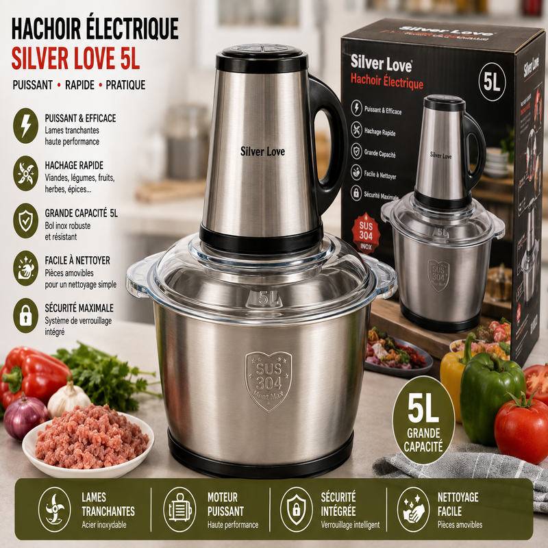Hachoir électrique en acier inoxydable de marque Silver Love avec un bol de 5 litres et son manuel d'utilisation.