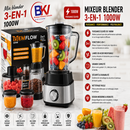 Pack blender multifonction EMFLOW avec bol à smoothie, hachoir et moulin à grains.
