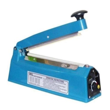 Soudeuse thermique manuelle bleue pour sacs plastique avec bouton de réglage du temps de chauffe.