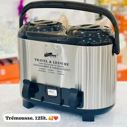 Fontaine isotherme Trémousse de 12 litres en inox avec double robinet et poignée noire.