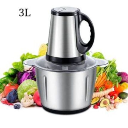 Hachoir électrique multifonction en acier inoxydable avec bol de 3 litres et légumes frais.