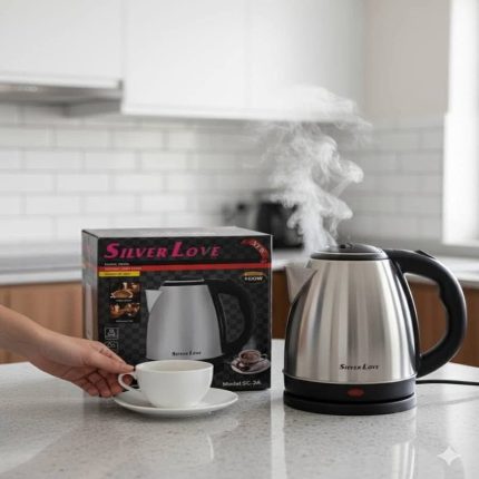 Bouilloire électrique en acier inoxydable Silver Love fumante sur un plan de travail avec une tasse de thé.