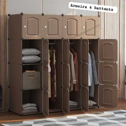Armoire de rangement modulable marron à 4 colonnes avec penderies et casiers ouverts.