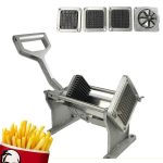 Coupe-frites professionnel en inox avec 4 lames interchangeables et un cornet de frites dorées.