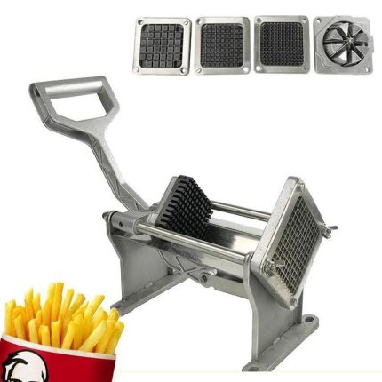 Coupe-frites professionnel en inox avec 4 lames interchangeables et un cornet de frites dorées.
