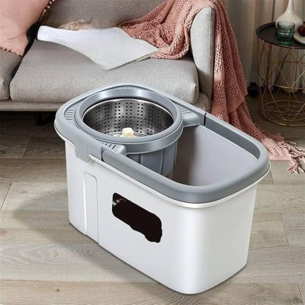 Seau de nettoyage blanc et gris avec panier essoreur rotatif en acier inoxydable.