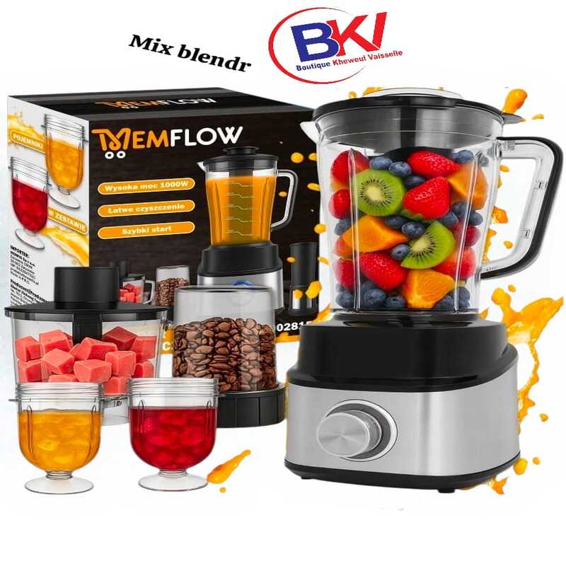 Pack blender multifonction EMFLOW avec bol à smoothie, hachoir et moulin à grains.