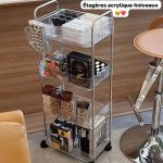 Desserte de rangement transparente à 4 étages avec roulettes et structure métallique.