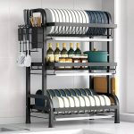 Égouttoir à vaisselle moderne à 3 niveaux en métal noir avec rangements