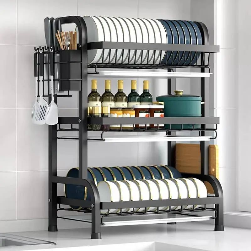 egouttoir-vaisselle-3-niveaux-noir Égouttoir à vaisselle moderne à 3 niveaux en métal noir avec rangements