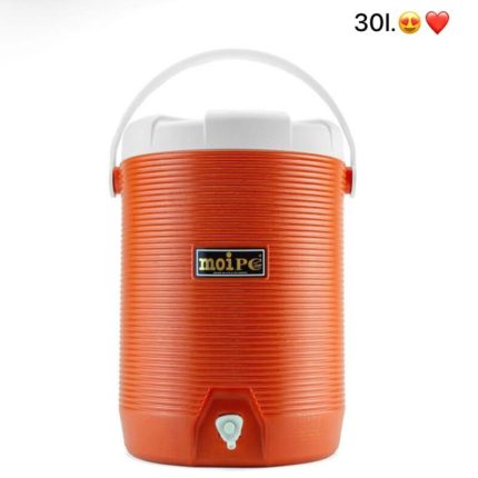 orange de 30 litres avec robinet blanc et poignée de transport.