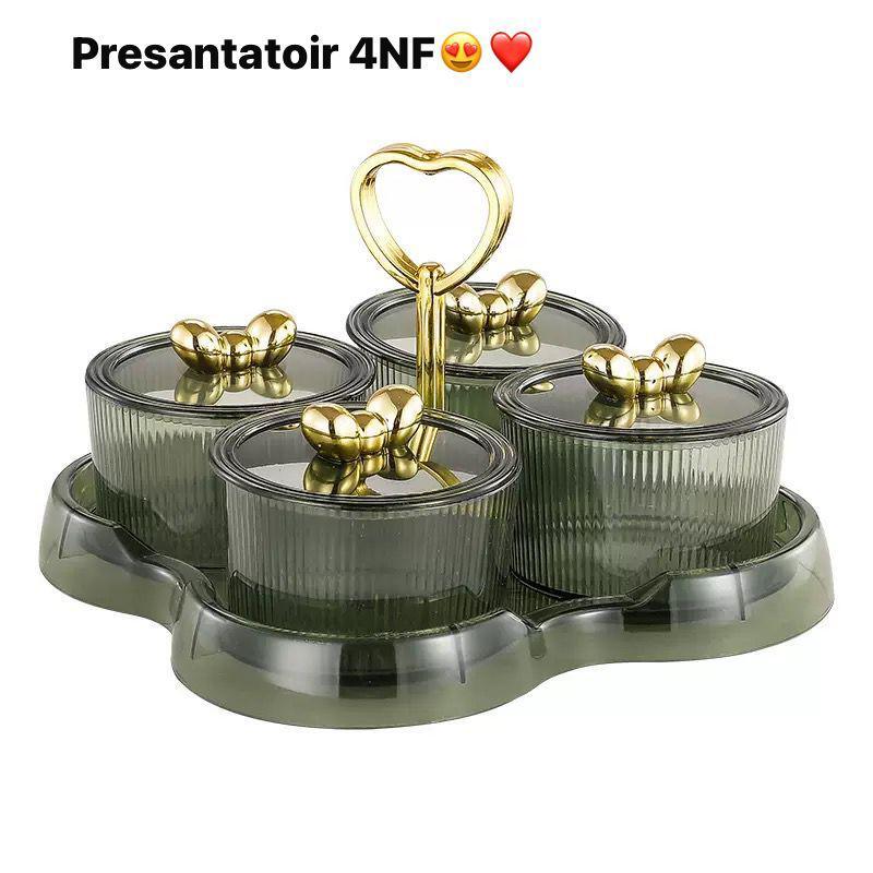 presentoir-4-compartiments-luxe-4nf Présentoir luxueux avec 4 bols compartimentés gris fumé et poignées dorées en forme de cœur et nœuds.