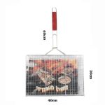 Grille de barbecue double en acier avec manche en bois rouge, dimensions 40x30 cm et longueur totale de 60 cm.