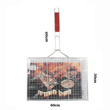 Grille de barbecue double en acier avec manche en bois rouge, dimensions 40x30 cm et longueur totale de 60 cm.