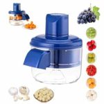 Hachoir et éplucheur de cuisine manuel de couleur bleu et transparent avec des illustrations de petits fruits et de condiments.
