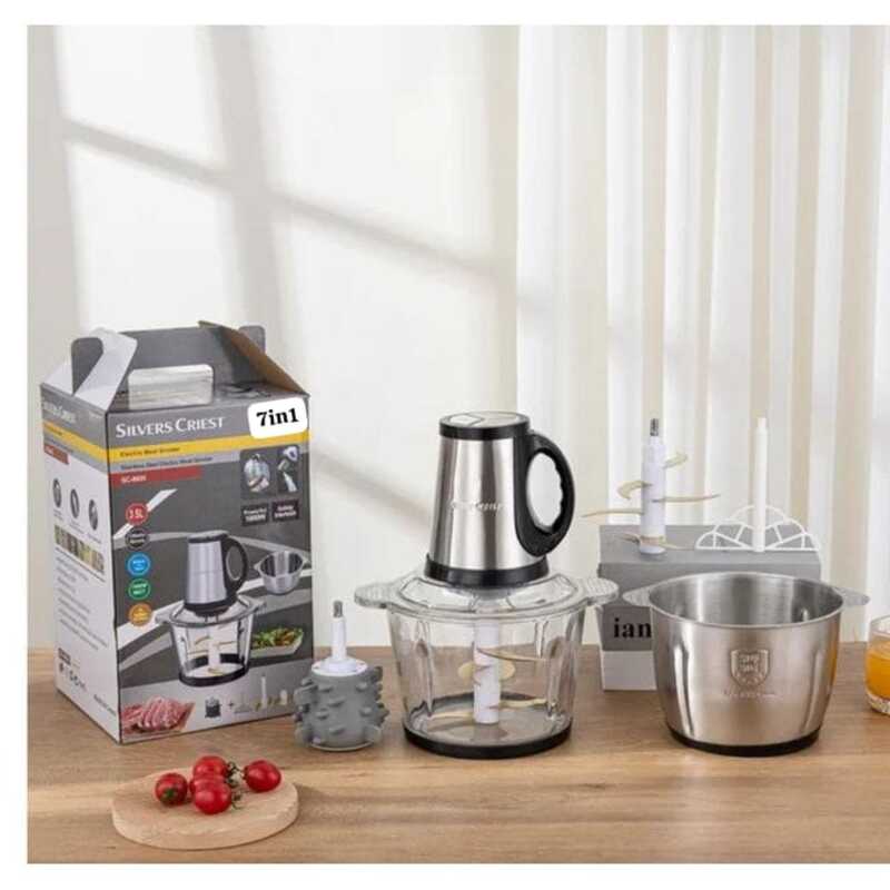 Hachoir électrique multifonction Silvers Criest avec son bloc moteur en inox, un bol en verre transparent, un bol en acier inoxydable interchangeables et ses accessoires.