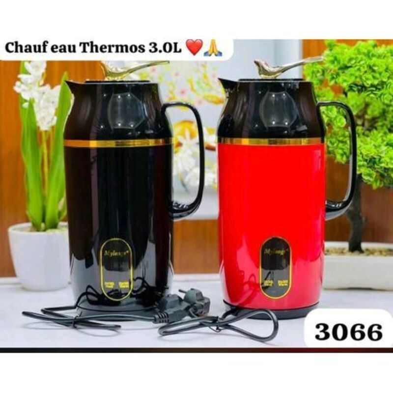 Deux thermos chauffe-eau électriques de 3 litres, l'un noir et l'un rouge, avec des finitions dorées et un bouton en forme d'oiseau sur le couvercle.