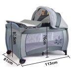Fiche technique d'un lit parapluie pour bébé avec canopy et table à langer amovible, indiquant les dimensions : 113 cm de longueur, 81 cm de largeur, 76 cm de hauteur de structure et 82,5 cm de hauteur totale.