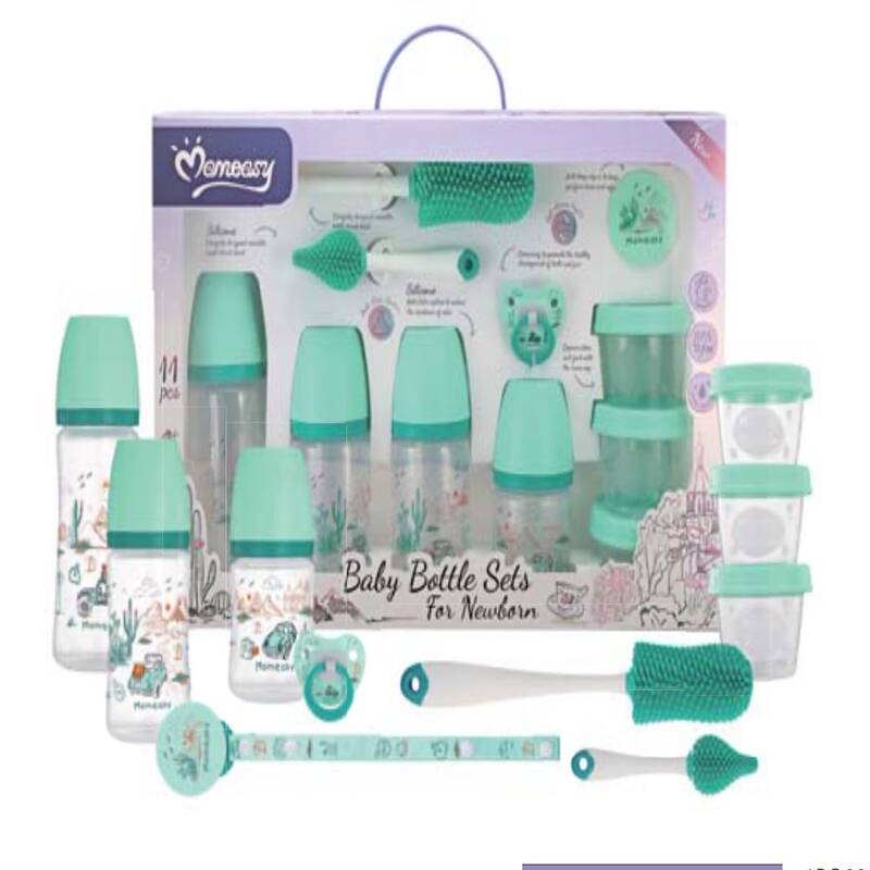 kit-biberons-accessoires-nouveau-ne Coffret complet de naissance de la marque Momeasy contenant des biberons de tailles différentes, des goupillons de nettoyage en silicone, des pots de conservation, une sucette et une attache-sucette.