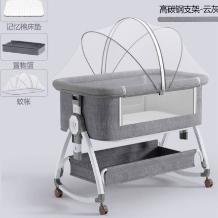 Berceau cododo pour bébé réglable en hauteur et monté sur roulettes, avec une moustiquaire bombée amovible, un grand panier de rangement inférieur, et des vignettes montrant le matelas à mémoire de forme, le panier et la moustiquaire.