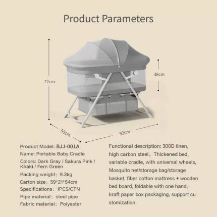 Fiche technique d'un berceau portable pour bébé avec moustiquaire bombée et panier de rangement inférieur, indiquant les dimensions : 93 cm de longueur, 58 cm de largeur, 72 cm de hauteur totale et 38 cm de hauteur de couffin.