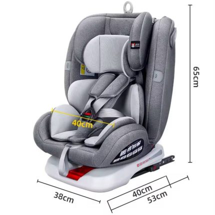 Fiche technique d'un siège auto évolutif pour enfant avec fixations Isofix et harnais de sécurité à 5 points, affichant les dimensions de 65 cm de hauteur, 38 cm de largeur frontale, 40 cm de largeur d'assise intérieure et 53 cm de profondeur.