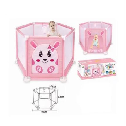 Fiche technique d'un parc de jeu hexagonal pour bébé avec des parois en maille respirante, une porte zippée illustrée d'un motif d'animal, montrant un enfant à l'intérieur, son emballage d'origine et un schéma de dimensions indiquant 146 cm de largeur, 65,5 cm de hauteur et 64 cm par section.