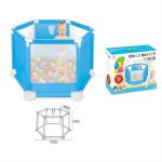 Fiche technique d'un parc de jeu hexagonal pour bébé avec des parois en maille respirante, une porte zippée illustrée d'un motif d'animal, montrant un enfant à l'intérieur, son emballage d'origine et un schéma de dimensions indiquant 146 cm de largeur, 65,5 cm de hauteur et 64 cm par section.