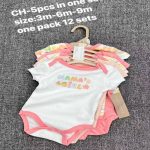 Lot de cinq bodys à manches courtes pour bébé de la marque Chickpea, superposés sur des cintres avec une inscription en haut indiquant les tailles de 3 à 9 mois.