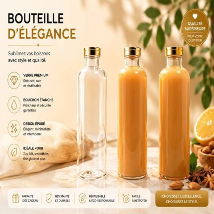 Bouteilles en verre premium au design épuré et minimaliste avec bouchon étanche doré pour jus, smoothies et lait.