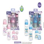 Coffret cadeau d'alimentation pour bébé avec trois biberons de tailles différentes à col large et une sucette assortie.