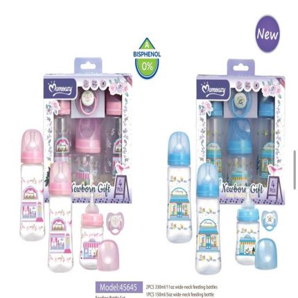 Coffret cadeau d'alimentation pour bébé avec trois biberons de tailles différentes à col large et une sucette assortie.