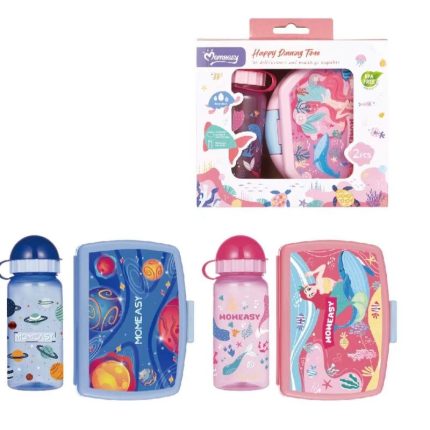 Coffret repas pour enfant composé d'une boîte à goûter illustrée et d'une gourde assortie.