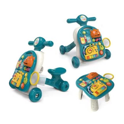 Jouet évolutif pour bébé configuré en position porteur avec siège et petit panier de basket.