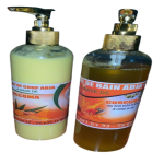 Deux flacons de Bain Adja à base de curcuma avec pompe dorée pour le soin et l'hydratation de la peau.