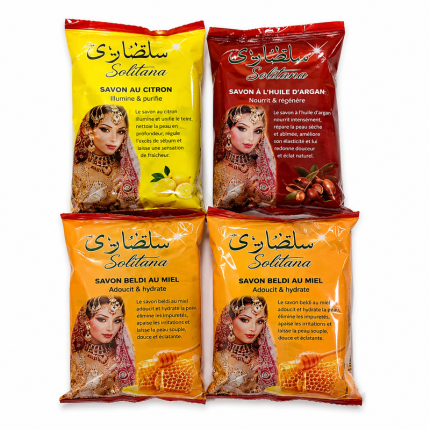 Sachet de savon beldi traditionnel au miel de la marque Soltana pour le gommage du corps.