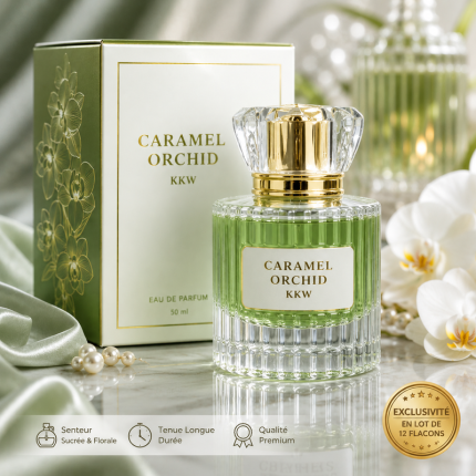 Flacon de parfum Caramel Orchid KKW 50 ml, disponible en plusieurs couleurs et vendu par douzaine.