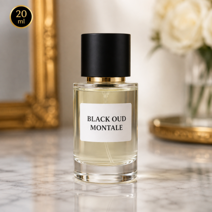 Flacon de parfum Black Oud Montale 20 ml vendu en lot de 12, fragrance élégante et longue tenue.