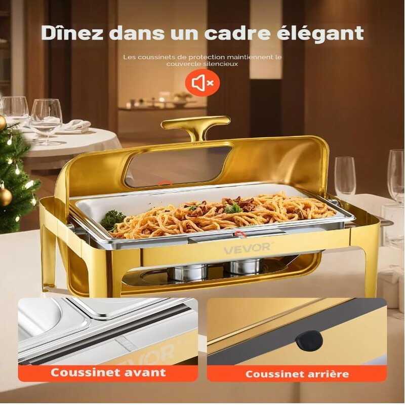 chafing-dish-vevor-dore-inox.jpg Chafing dish professionnel doré de la marque VEVOR avec un poulet rôti à l'intérieur sur une table de banquet.