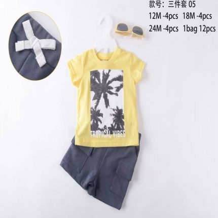 Ensemble garçon 3 pièces jaune et gris motif tropical