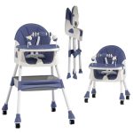 Chaise haute bébé 3-en-1 blanche et bleue avec tablette et roulettes