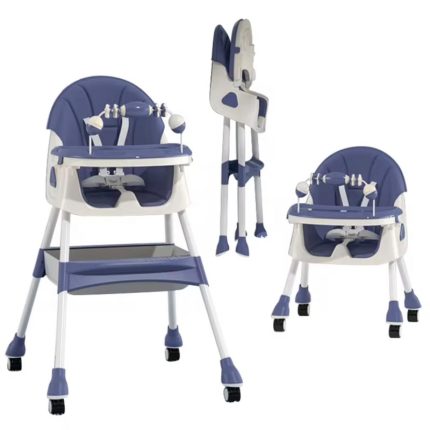 Chaise haute bébé 3-en-1 blanche et bleue avec tablette et roulettes