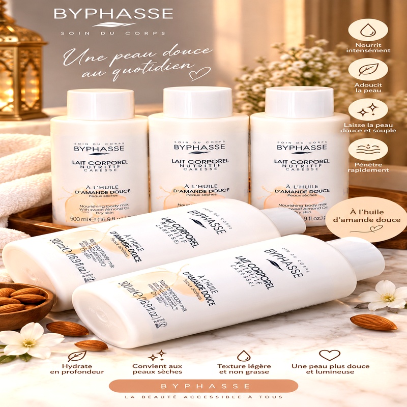 Lait corporel Byphasse à l’huile d’amande douce pour peau sèche