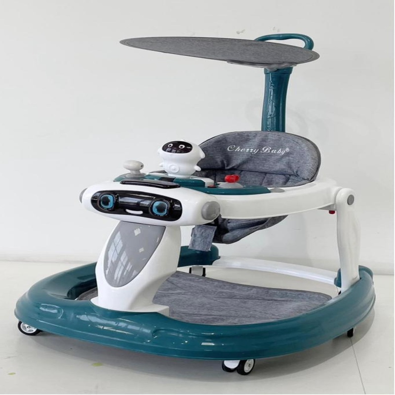 Trotteur bébé avec canopy gris et vert, siège et plateau d’activités