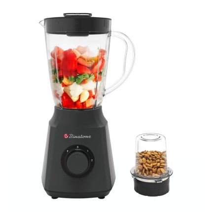 Mixeur Binatone noir avec bol transparent de 1,5 litre et accessoire moulin placé à droite.