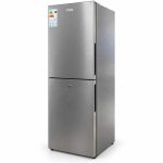 Réfrigérateur combiné gris FINIX FIN330 ouvert, avec étagères en verre et cinq tiroirs de congélation.