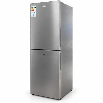 Réfrigérateur combiné gris FINIX FIN330 ouvert, avec étagères en verre et cinq tiroirs de congélation.