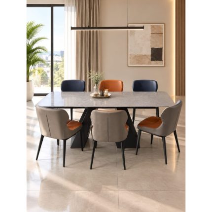 Ensemble TA061 avec table rectangulaire grise, piètement noir et six chaises.