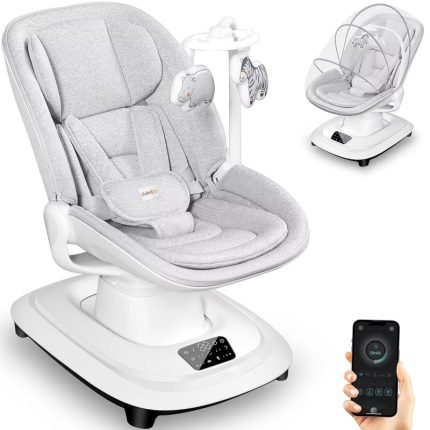 Balancelle électrique bébé grise avec assise rembourrée et harnais